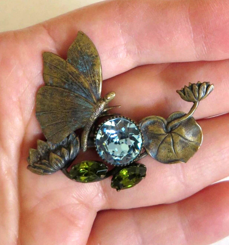 Vintage 20s Art Deco Water Lily Pond Pad Flower Butterfly Pin Brooch Brass Glass Lily