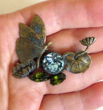 Vintage 20s Art Deco Water Lily Pond Pad Flower Butterfly Pin Brooch Brass Glass Lily