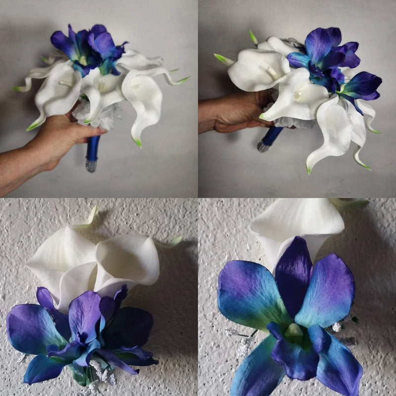 Peacock Ivory Calla Lily Galaxy Orchid Bridal Wedding Bouquet Accessories Bouquet