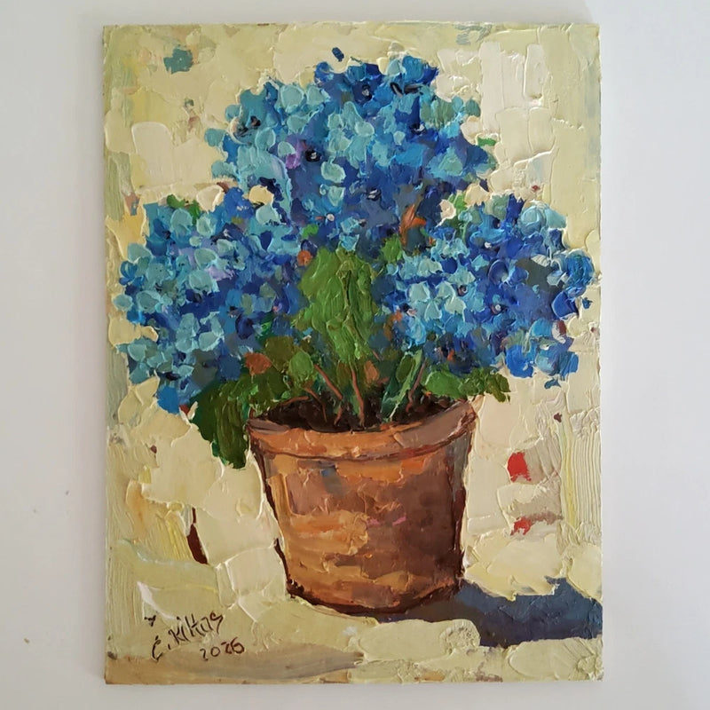 Hydrangea in a Pot Oil Painting Origina Blue Floral Art Abstract Modern Artwork Hydrangea