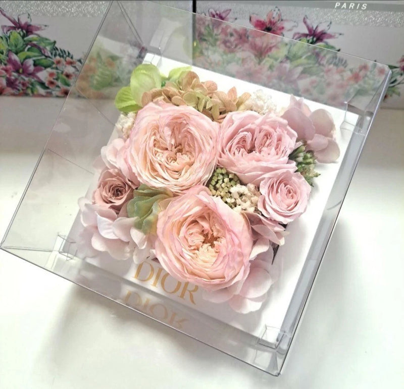 Christian Dior preserved pink rose acrylic gift box with clear hinged lid