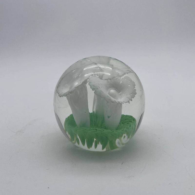 Vintage Glass Paperweight White Calla Lily Flowers on Green Leaves 3 1/4" Lily