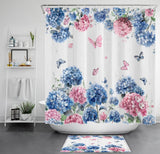 Retro Pink Butterfly Blue Hydrangea Flower Shower Curtain Set for Bathroom Decor Hydrangea