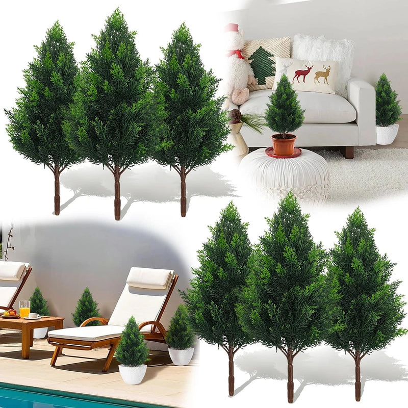 Set of faux pine topiary trees in small pots, dark green foliage