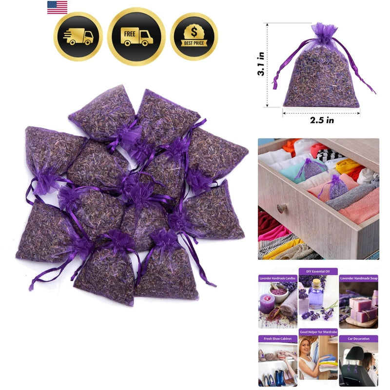 Set of 12 dried lavender sachet bags, small purple pouches tied with ribbon