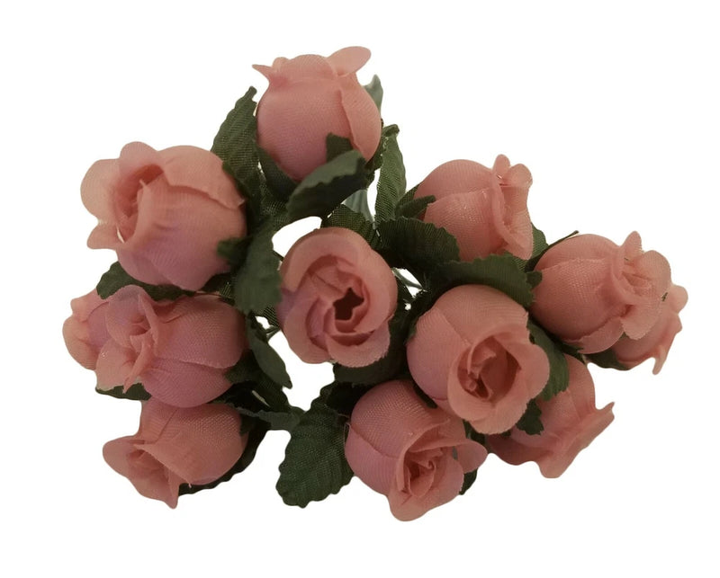 Pink artificial mini rosebuds with green leaves, millinery craft flower bundle