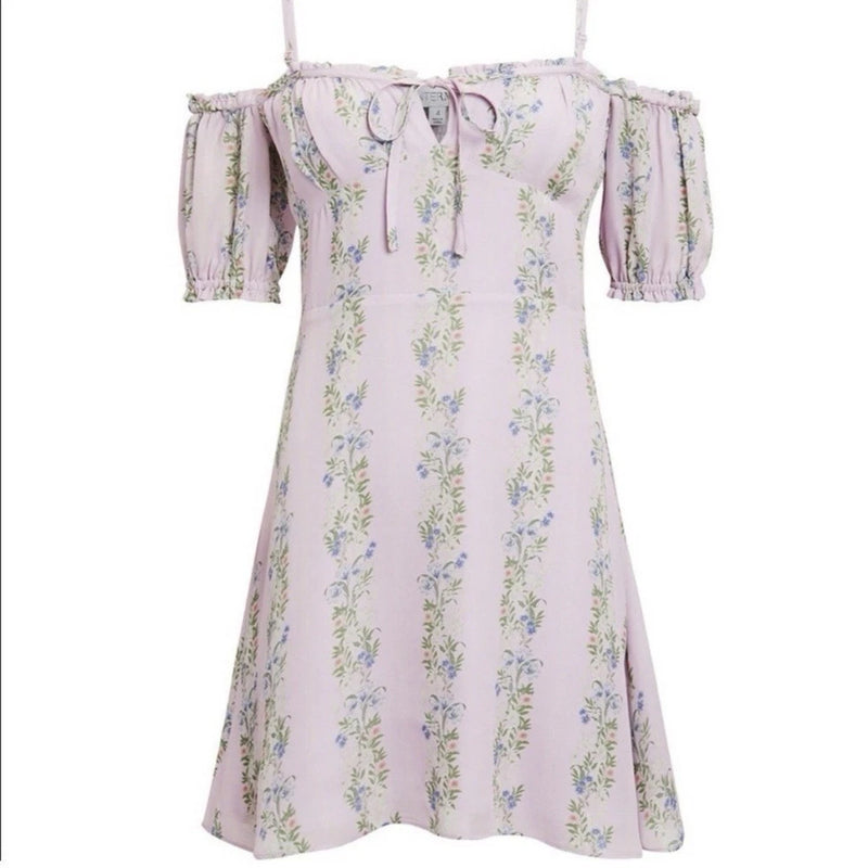 Purple floral silk mini dress with cold-shoulder puff sleeves and ribbon ties