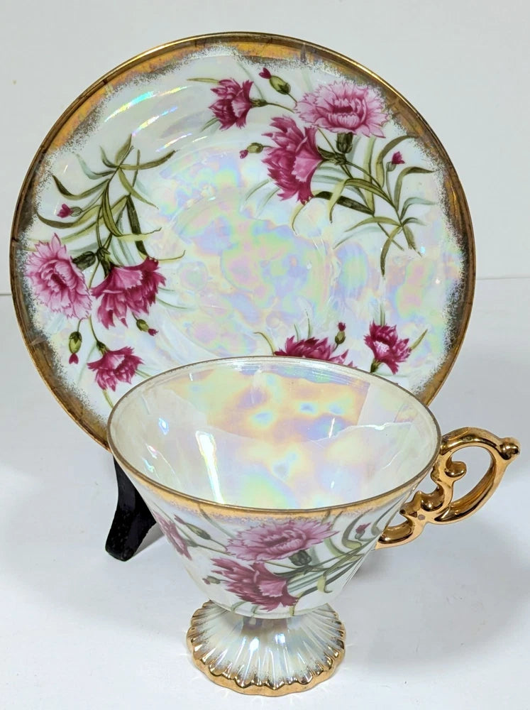 Vintage Ucago Japan floral cup and saucer set with pink carnation flowers, gold rim