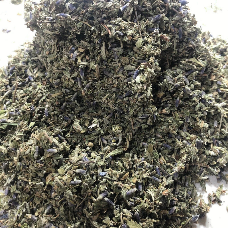 Dried DAMIANA & LAVENDER flower herb blend, chopped dark green and small purple dried petals