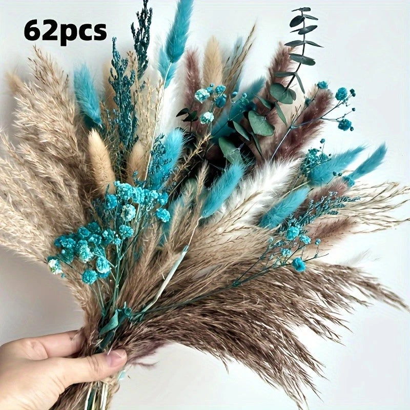 62pcs Artificial Pampas Grass Bouquet With Rabbit Tail Feathers Dried Home Decor Pampas Grass