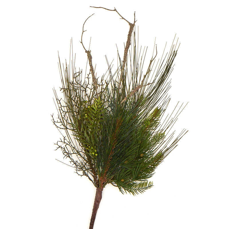 Artificial green pine spray with twig-like stem and dense needle branches