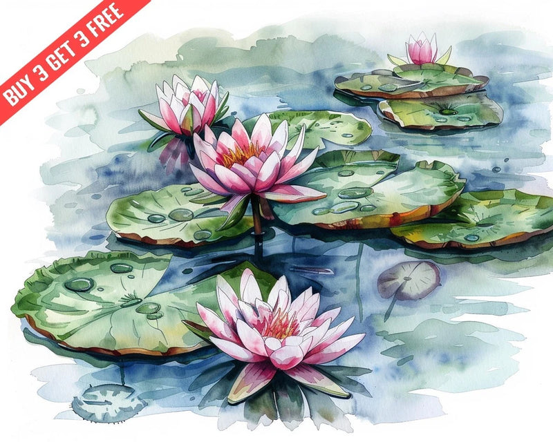 Nymphaea Water Lily in a pond Watercolor 8x10 Print Lily