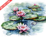 Nymphaea Water Lily in a pond Watercolor 8x10 Print Lily