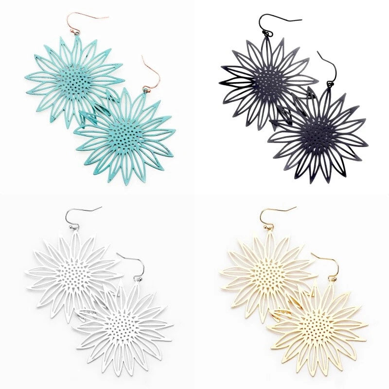 New Daisy Sunflower Filigree Earrings Women Cut-out Dangle Light Weight Pierced Sunflower