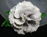 Vintage White & Green Enamel Carnation FLOWER  Pin Brooch~Aurora Borealis RS Carnation