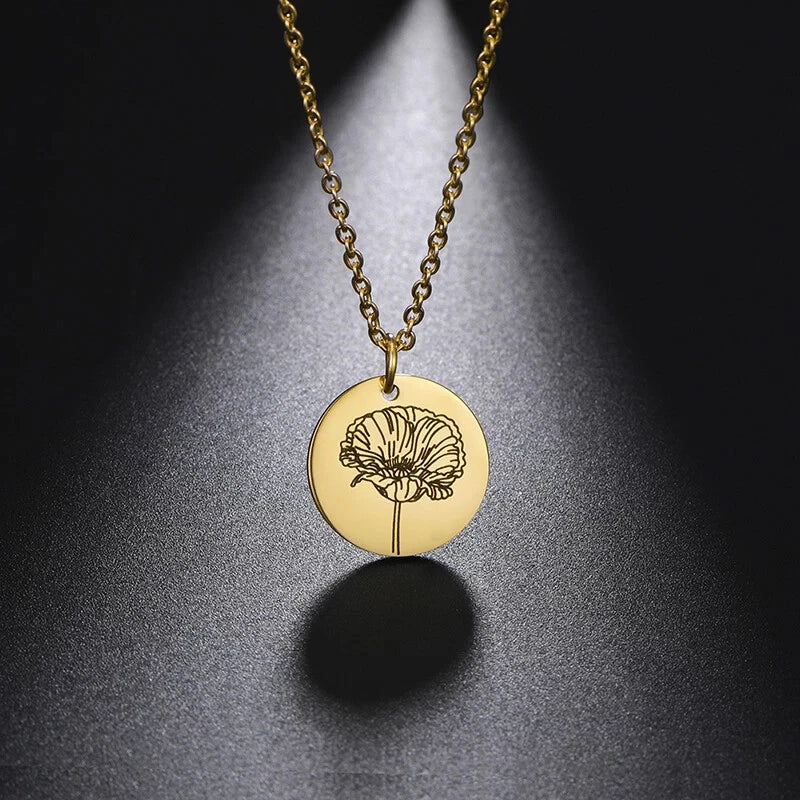 Gold birth flower pendant necklace with round peony charm on delicate chain