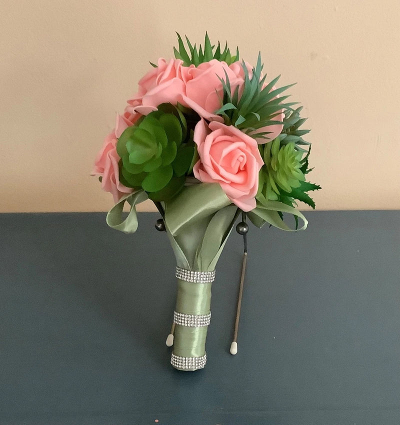 Artificial succulents and pink champagne roses wedding bouquet Bouquet