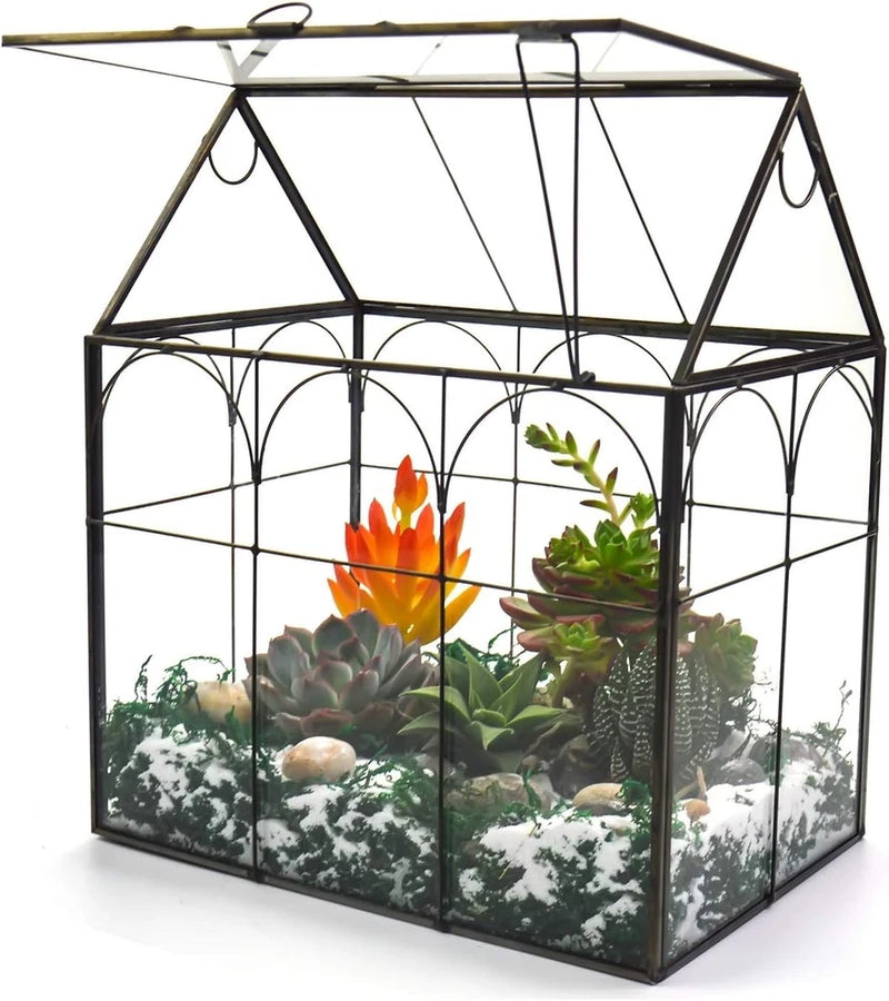 Black metal framed glass terrarium greenhouse with hinged lid, clear panels for plants