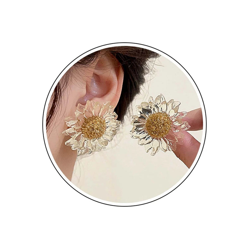 Bohemian Large Flower Earrings Clear Resin Sunflower Studs Vintage Daisy Floral Sunflower