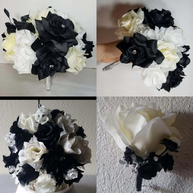 Black and ivory rose bridal bouquet with fabric flowers and matching ribbon