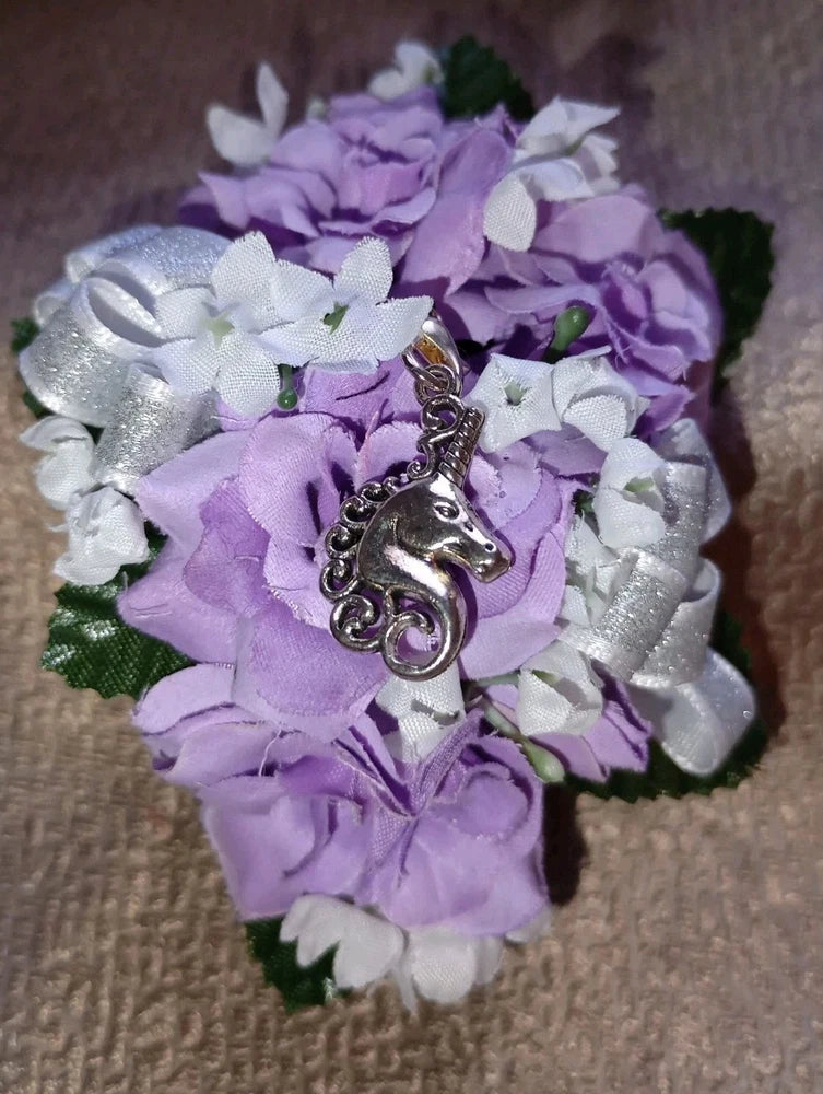 NEW 4" Long Artificial Lavender Rose Wrist Corsage With Sparkly Silver Bow Bouquet