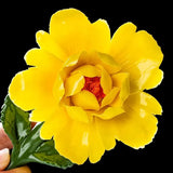 7"Chinese Yellow Porcelain Beautiful Peony Flower Fragrant Ceramic Statue Peony