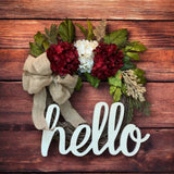 Rustic Grapevine Wreath With Burlap Bow,red And White Hydrangea , Hello Sign Hydrangea