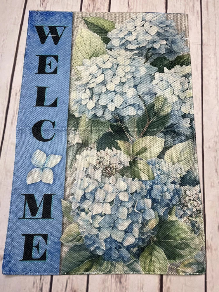 Welcome Hydrangea  Burlap Garden Flag 12Ó X 18Ó Double Sided Hydrangea