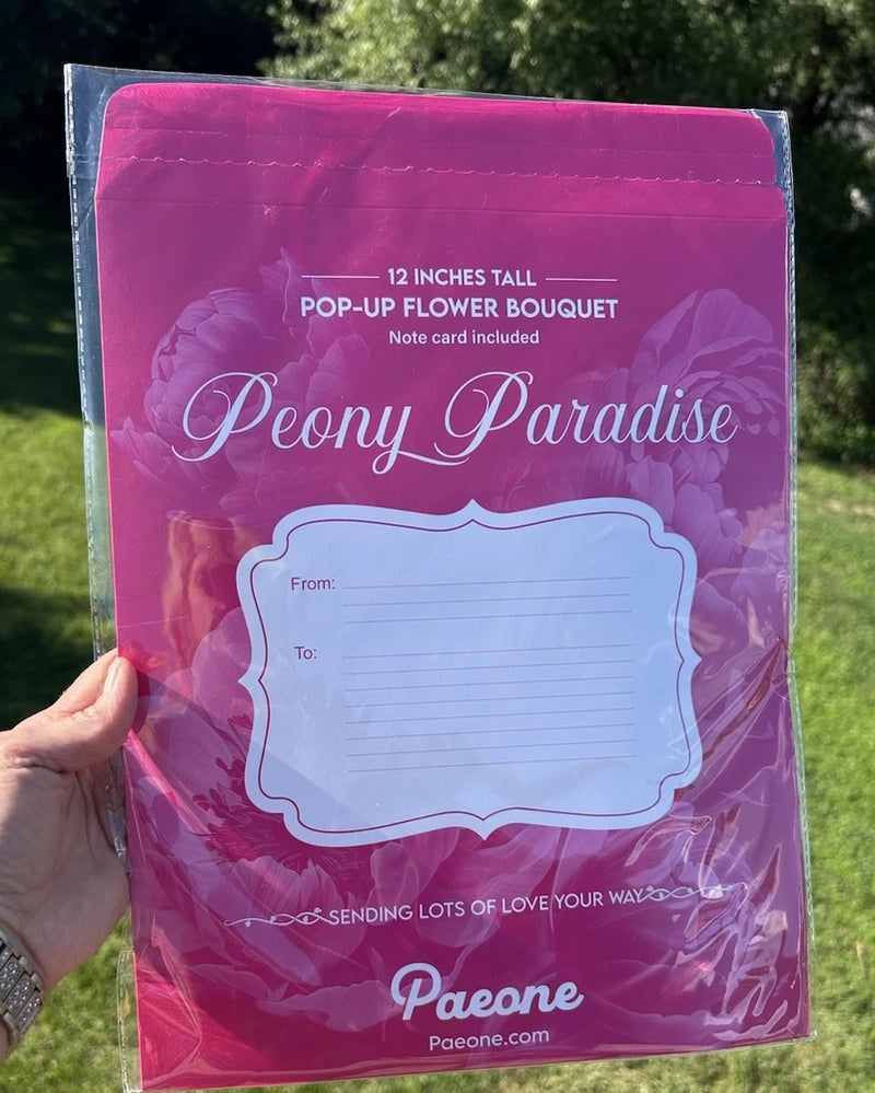 Purple Peony Paradise pop-up flower card with blank message panel and bouquet artwork