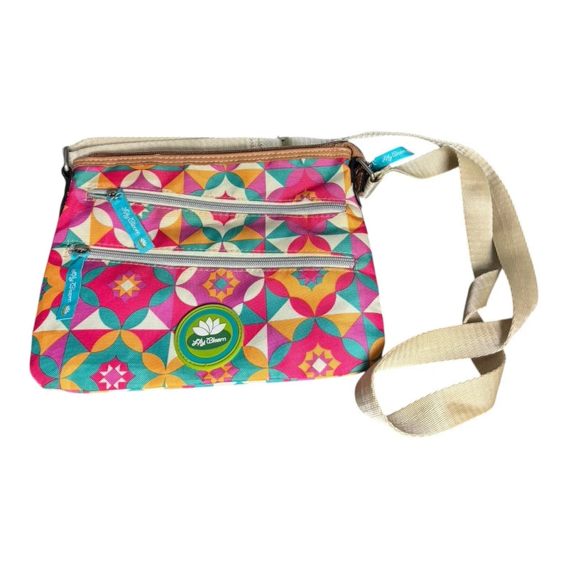Bright floral geometric crossbody bag with zipper pockets and adjustable strap, logo patch