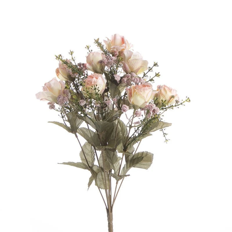 Artificial dried-look rose bush with cream and pink antique-style blooms