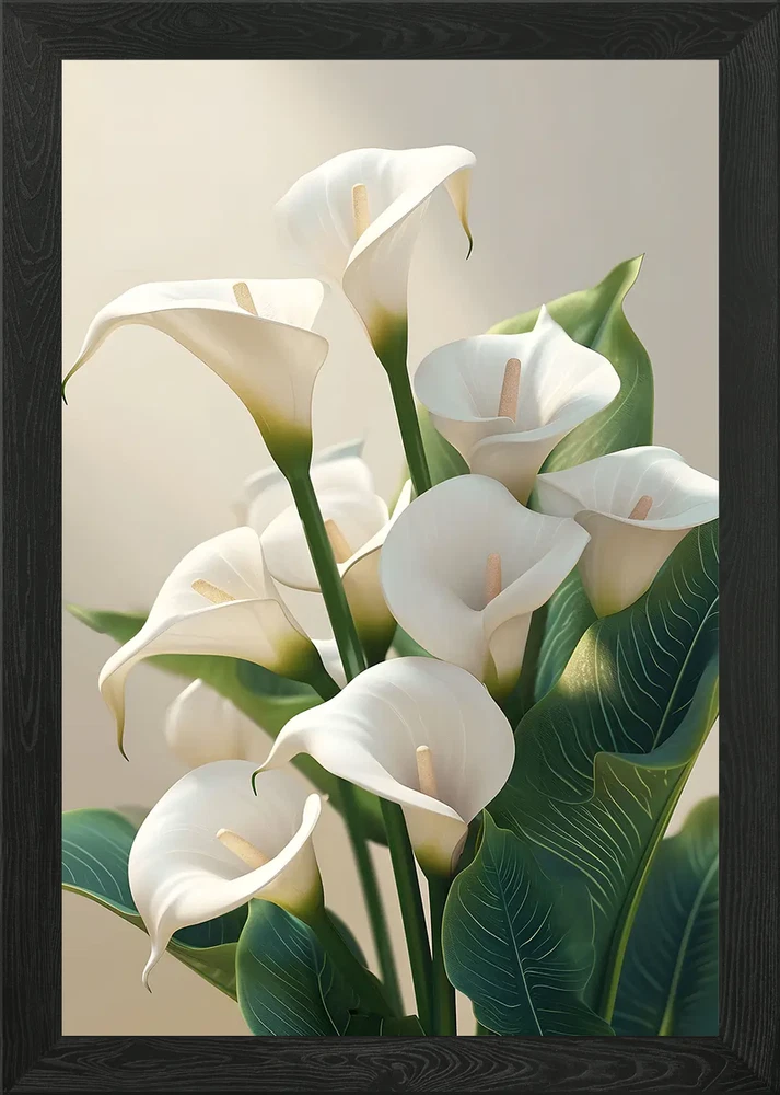 Framed calla lily wall art print with white flowers and green leaf accents