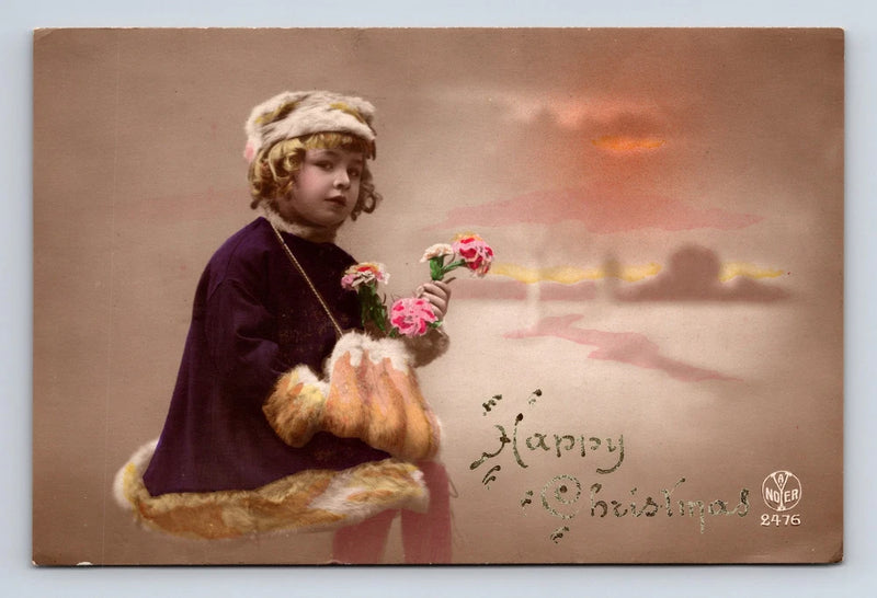 Vintage Christmas postcard of a girl in a dark fur-lined coat holding carnation flowers