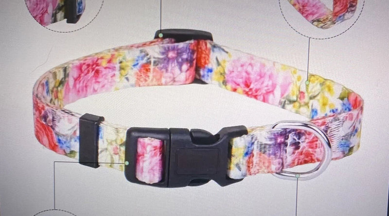 Pink peony flower print adjustable small dog collar with black buckle and metal D-ring