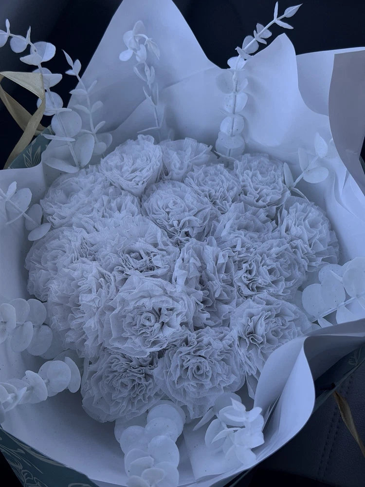 White Artificial Carnation Fabric Flower Bouquet Bundle with Decorative Leaves Carnation