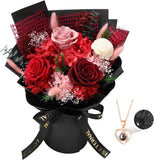 Preserved Flowers for Delivery, Red Flower Bouquets with Necklace, Forever Real Flowering Plants