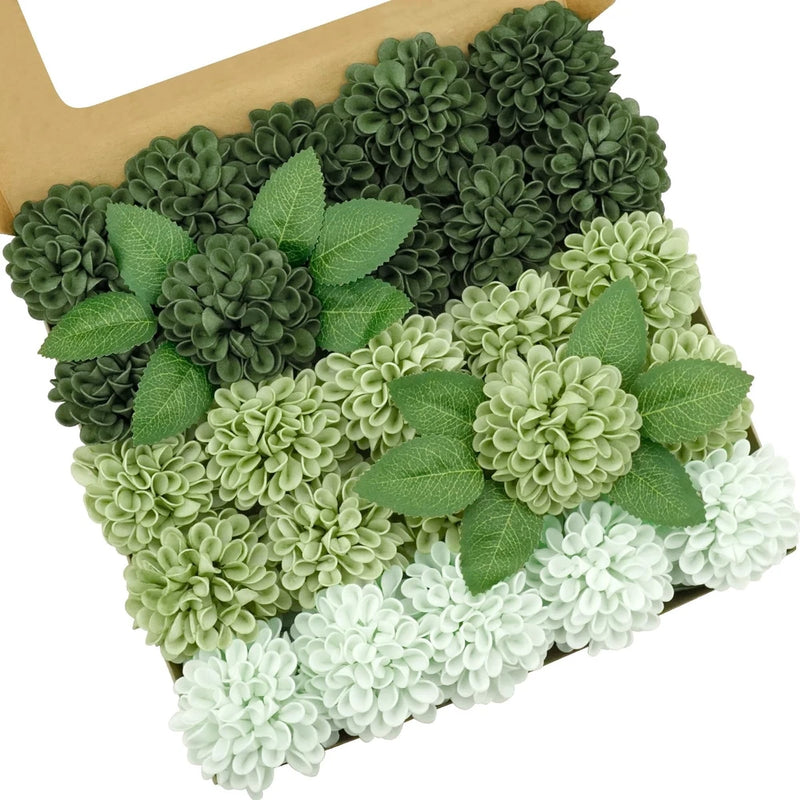 Artificial rose flower set with layered green and white blooms and veined leaf sprigs
