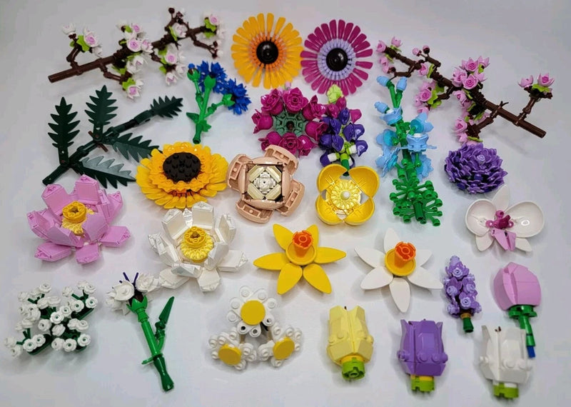 Lego botanical flowers and custom rose building pieces in assorted colors