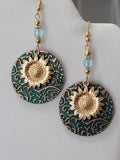Sunflower Earrings Dangle Drop Gold Tone Boho Style Turquoise Colored Pierced Sunflower