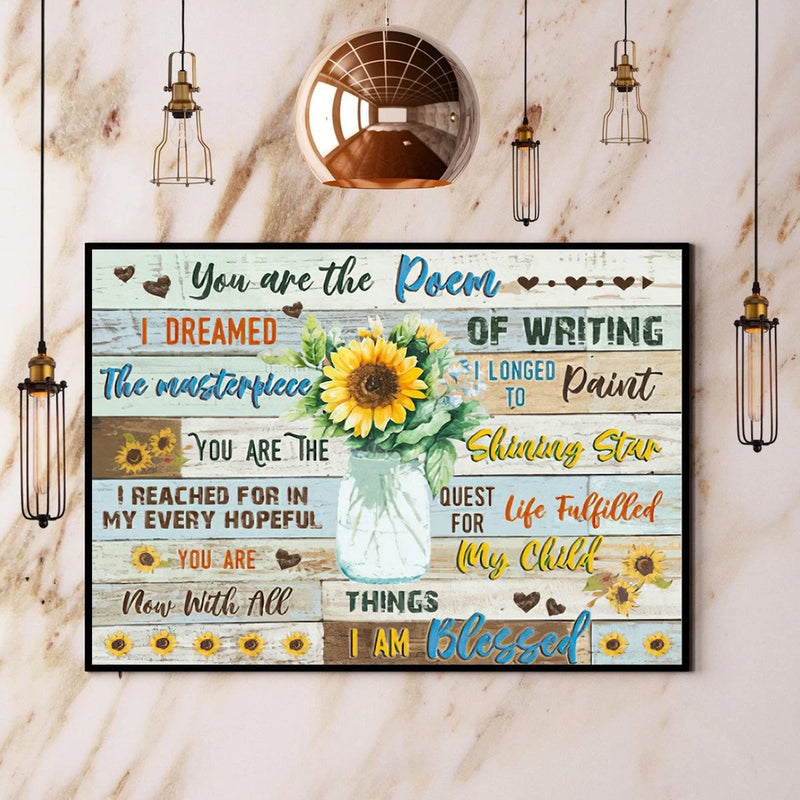 Horizontal sunflower-themed wall art print with multicolor poem text in black frame