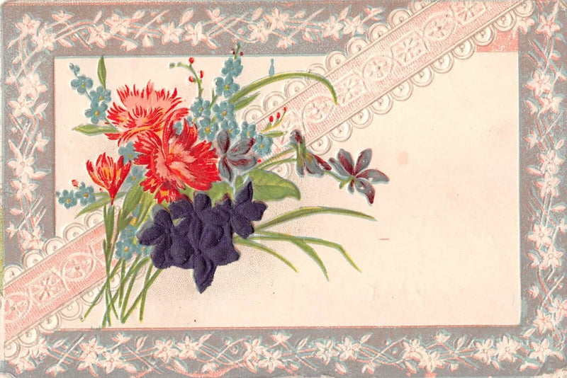 Vintage floral postcard with red and dark purple carnations and butterflies