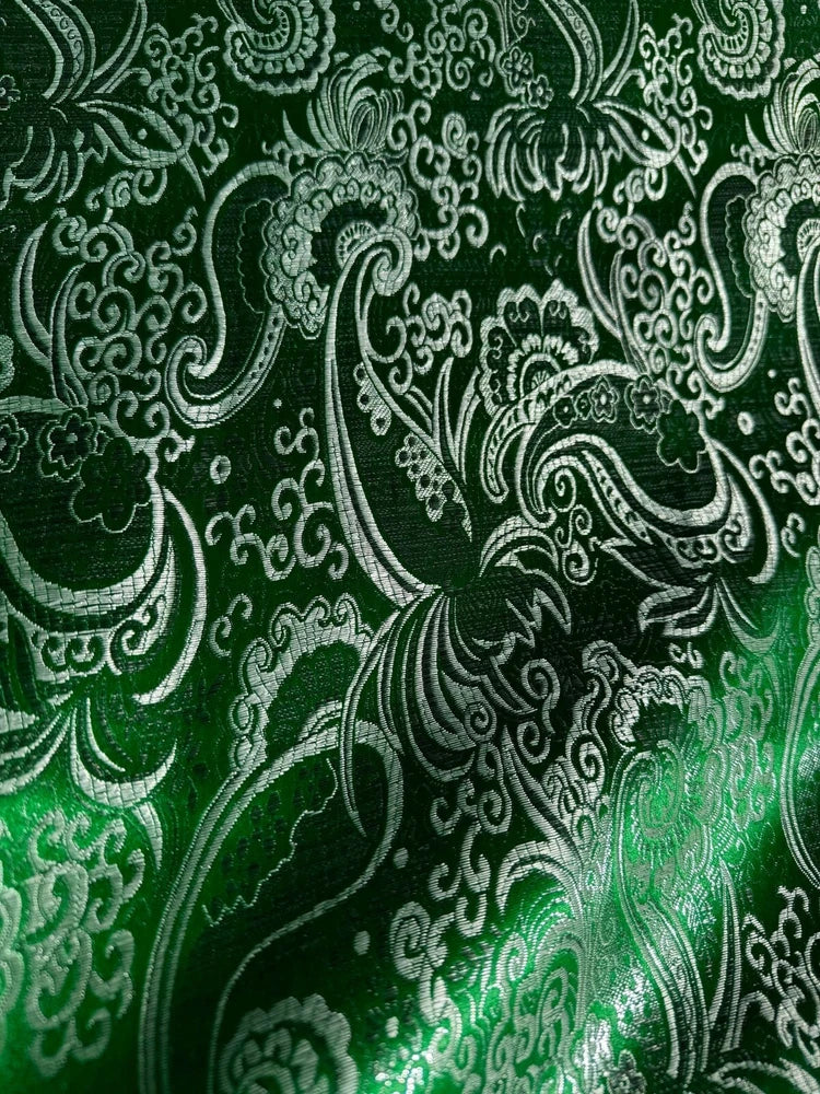 Emerald Green & Silver Paisley - Faux Silk Brocade Jacquard Fabric Flowering Plants