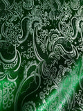 Emerald Green & Silver Paisley - Faux Silk Brocade Jacquard Fabric Flowering Plants