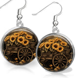 Rustic Sunflower Cart Pumpkins Nostalgic Charm Earrings Autumn Thanksgiving Sunflower
