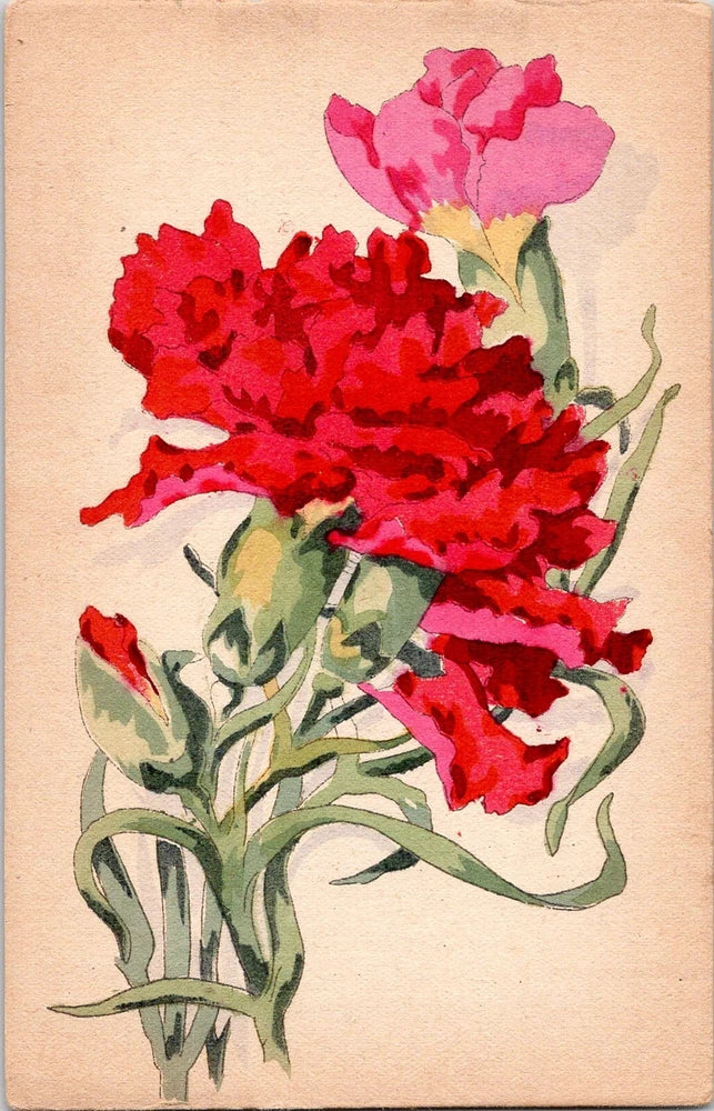 Hand-painted carnation artwork postcard with red and pink flowers on beige background