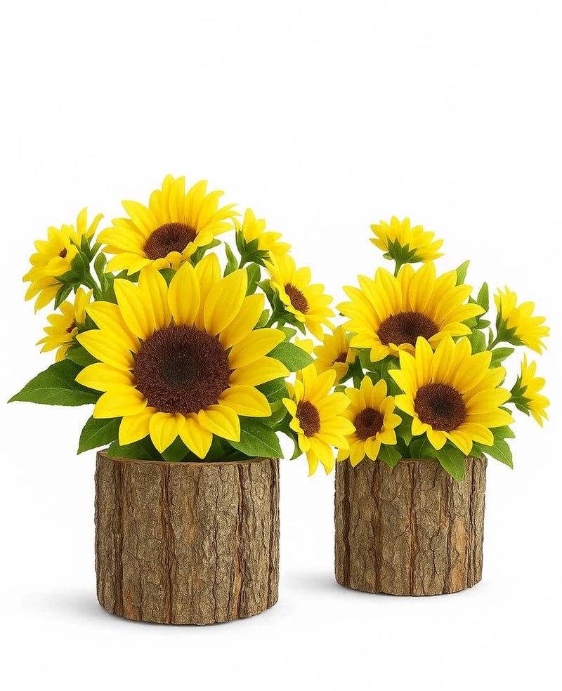 Artificial sunflower silk arrangement in two rustic bark pots, yellow blooms and green leaves