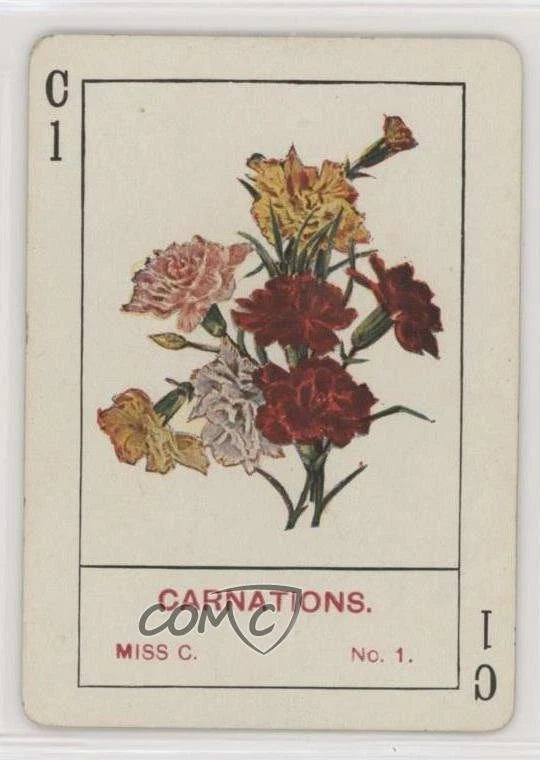 Vintage carnation trading card with colorful flower bouquet illustration, No. 1