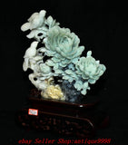 14.1'' Chinese Dynasty Natural Xiu Jade Carved Peony Flower Bird Beast Statue Peony