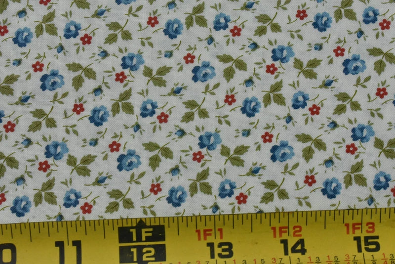 By 1/2 Yd, Blue Olive & Red Calico on Off-White, Moda, Minick & Simpson, V381 Flowering Plants
