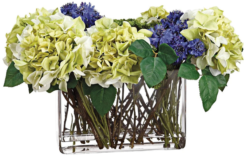 Hydrangeas, Cornflower and Sedum 21" Wide Faux Flowers Vase Hydrangea